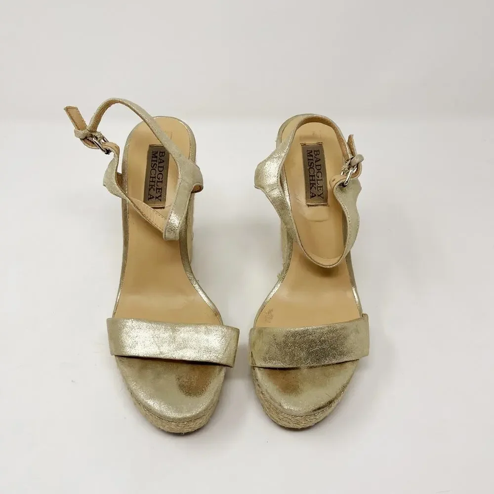 Badgley Mischka 5.5 Gold Leather Espadrille Wedge Sandals Ankle Wrap 4.5